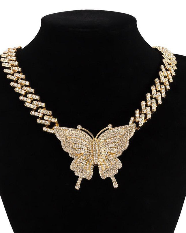 Glamorous Rhinestone Butterfly Necklace Set with Trendy Cuban Chain for Women