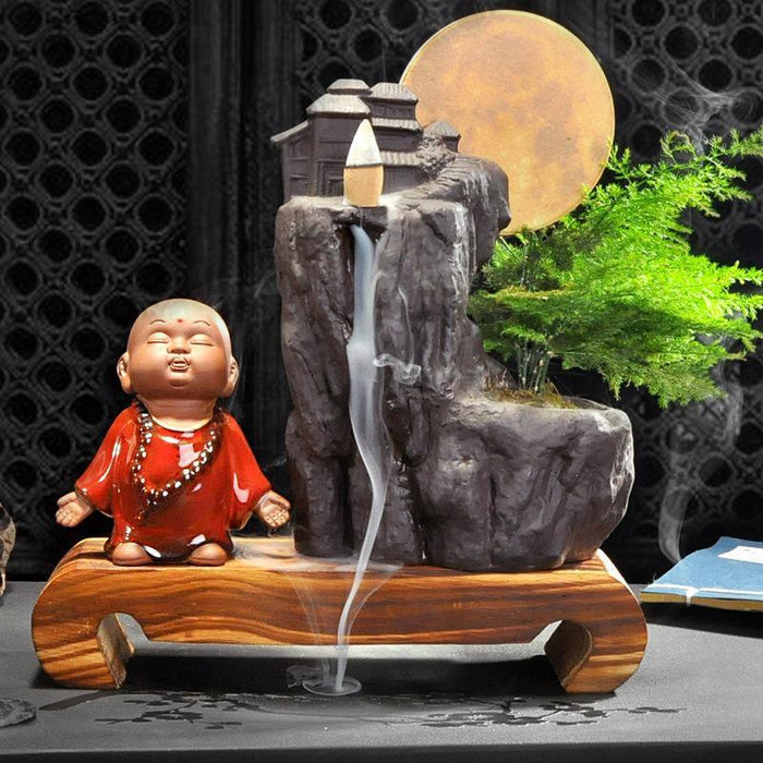 Ceramic Smoke Waterfall Incense Burner with LED Light and Pine Decor Accent