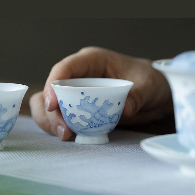 Artisanal Jade Porcelain Tea Cup Set with Ocean Wave Design - 50ml Each