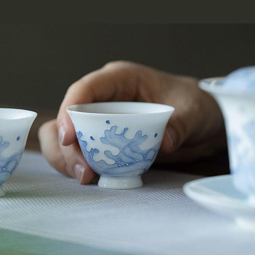 Handcrafted Ocean Wave Design Jade Porcelain Tea Cup Set of 2 - 50ml each