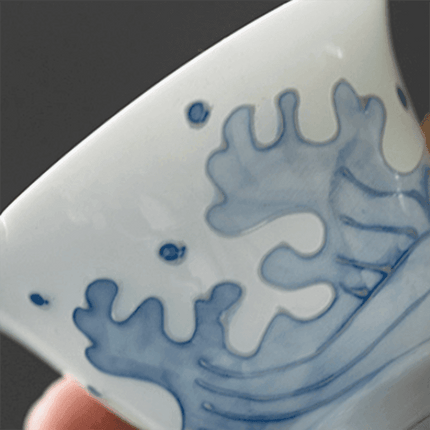 Artisanal Jade Porcelain Tea Cup Set with Ocean Wave Design - 50ml Each