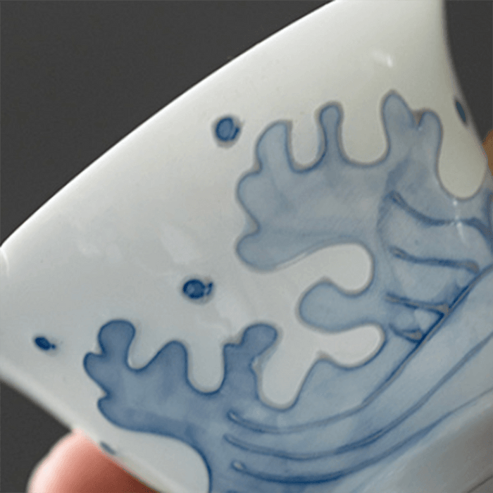 Handmade Engrave Sea Wave Art Sample Tea Cup Jade Porcelain Set of 2, 50ml each for Kung Fu Teaware Ceremony