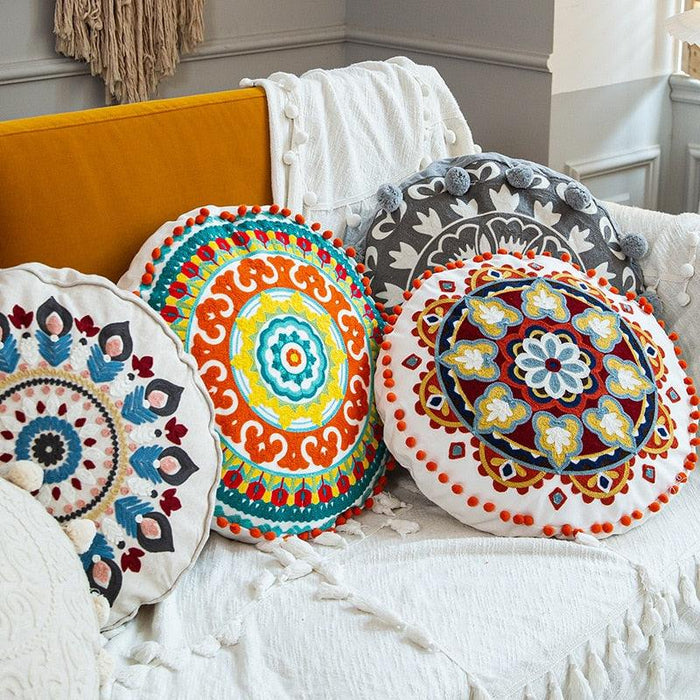 Moroccan Style Embroidered Circular Pillow Cover for Chic Home Decor