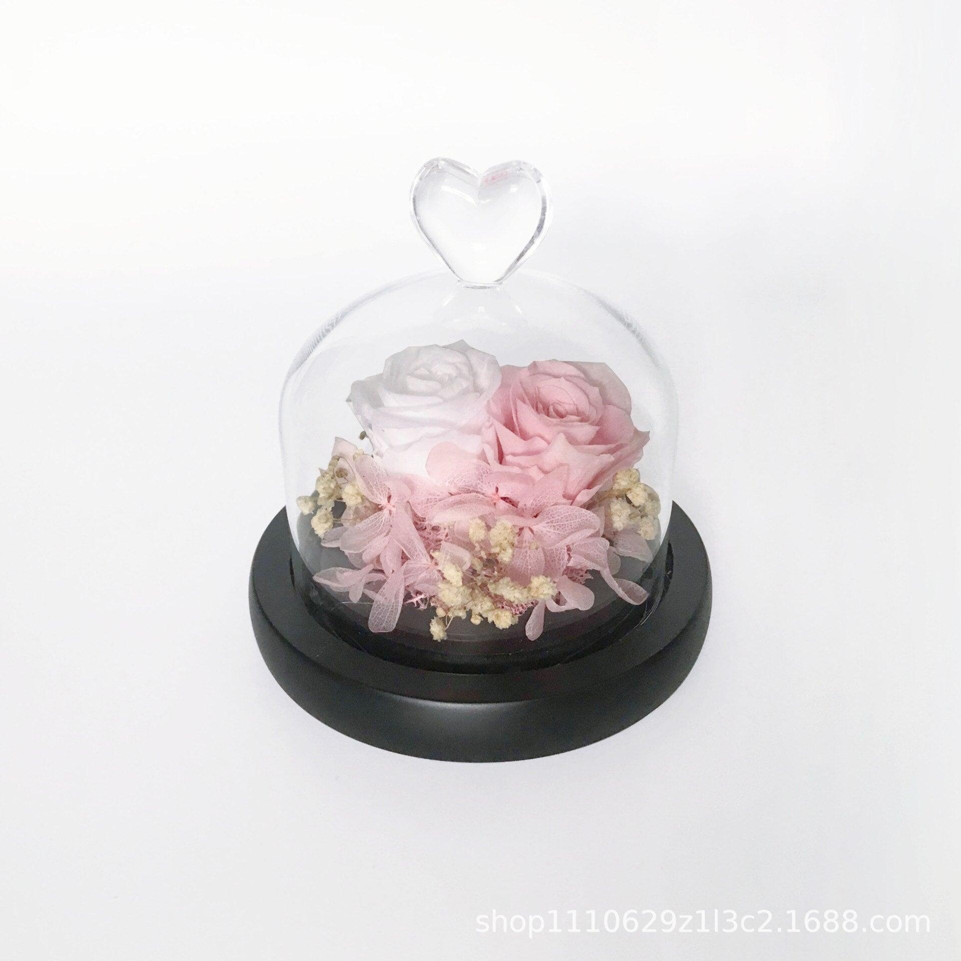 Exclusive Rose In Heart Glass Dome with Light Real Eternal Roses Beauty and The Beast Preserved Flower Rose Valentine&#39;s Day Gift-Home Décor›Flower & Plants›Everlasting & Preserved Fresh Flowers›Dried & Preserved Flora›Everlasting Flowers-Très Elite-A-12.5x13CM-Très Elite