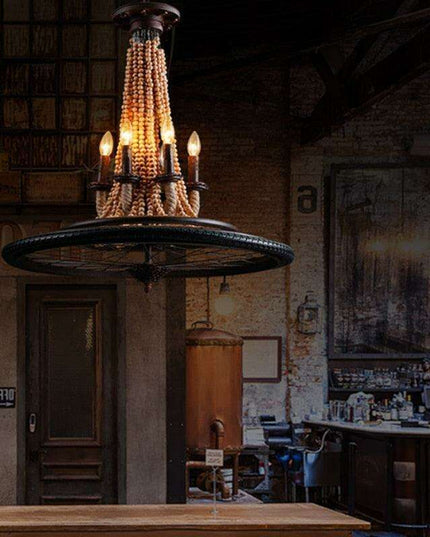 Vintage Bicycle Wheel 6-Light Chandelier with Wood Beads and Twine Accents
