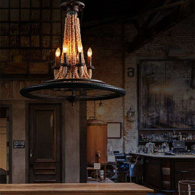 Vintage Bicycle Wheel 6-Light Chandelier with Wood Beads and Twine Accents