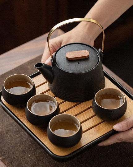 Elegant Japanese Tea Travel Set: Black Pottery Teaware with Convenient Carry Bag