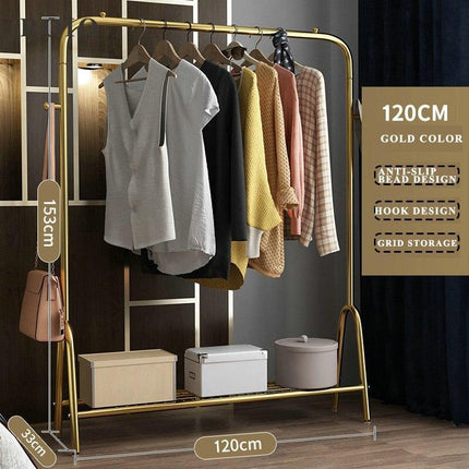 Elegant Rose-Gold Single-Pole Garment Stand and Storage Solution