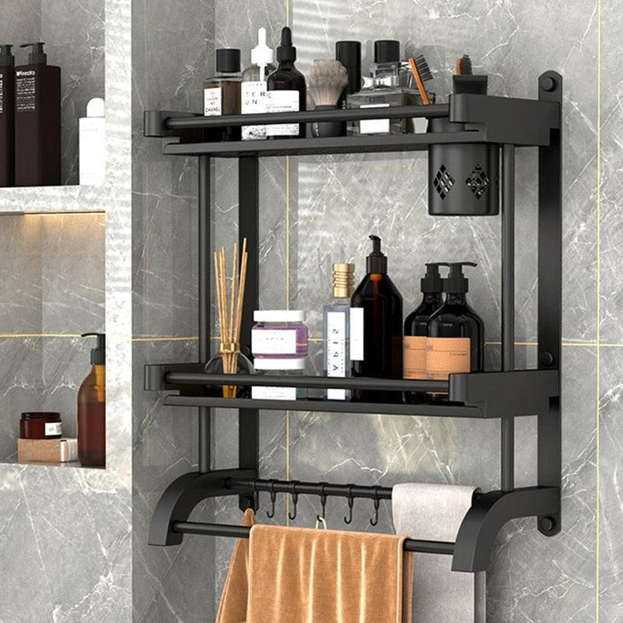 Modern Black Stainless Steel Bathroom Caddy with Towel Bar and Efficient Draining System