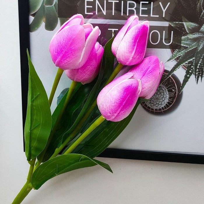 Opulent Botanica Collection: Lifelike Hot Pink Tulip Stems - Set of 5 for Luxurious Floral Arrangements