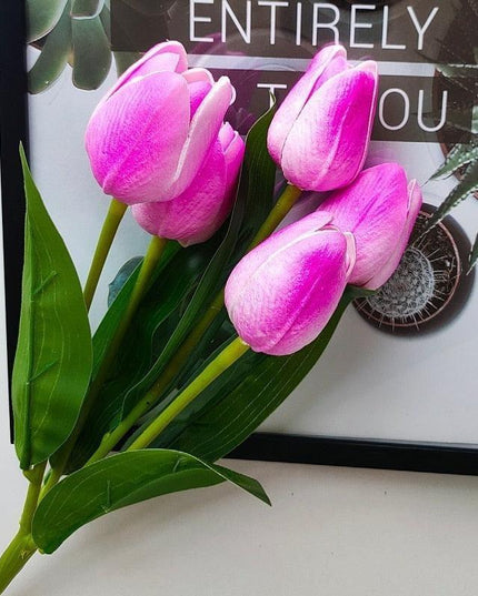 Exquisite Hot Pink Tulip Bouquet with Five Premium Blossoms and Realistic Stems