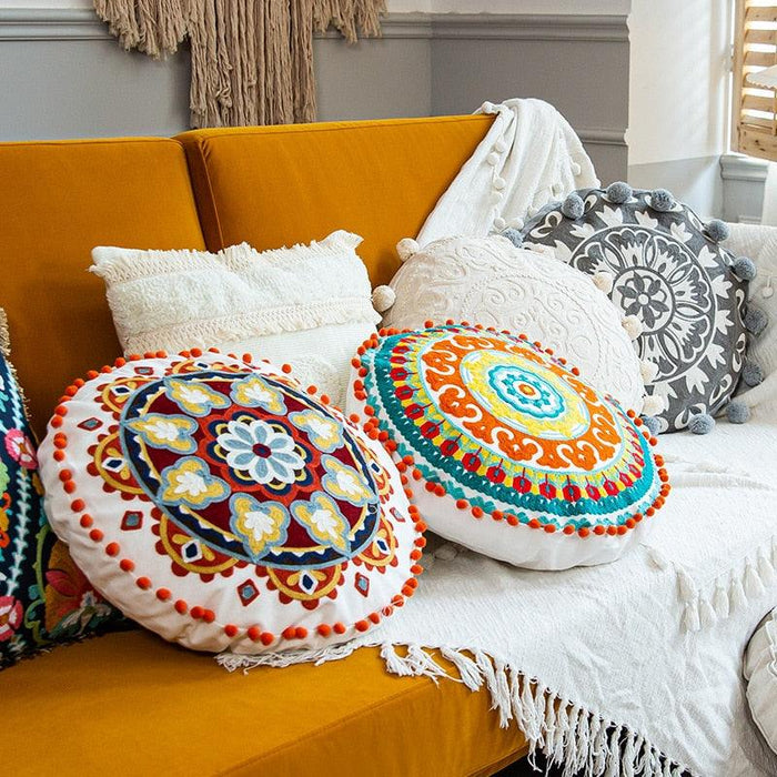 Moroccan Style Embroidered Circular Pillow Cover for Chic Home Decor