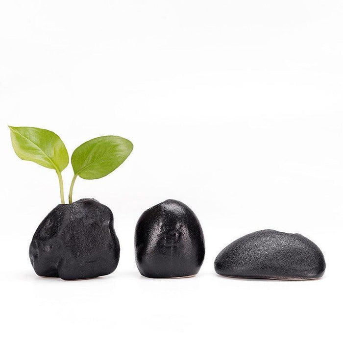 Zen-Inspired Small Black Stone Vase for Serene Home Ambiance