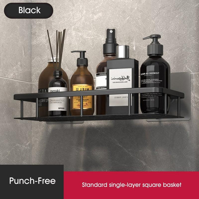 Modern Black Stainless Steel Bathroom Caddy with Towel Bar and Efficient Draining System