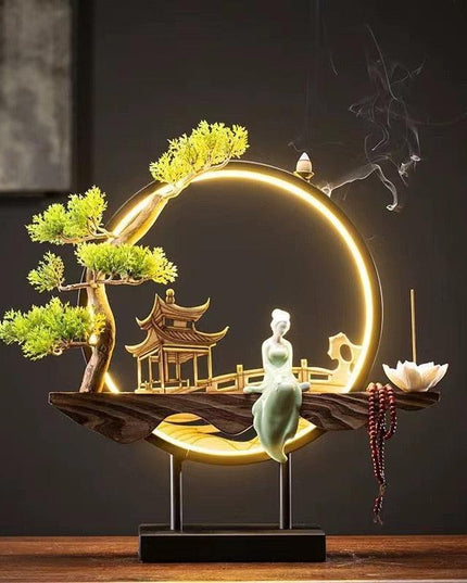 Serene Floral Backflow Incense Fountain with Wooden Bracelet