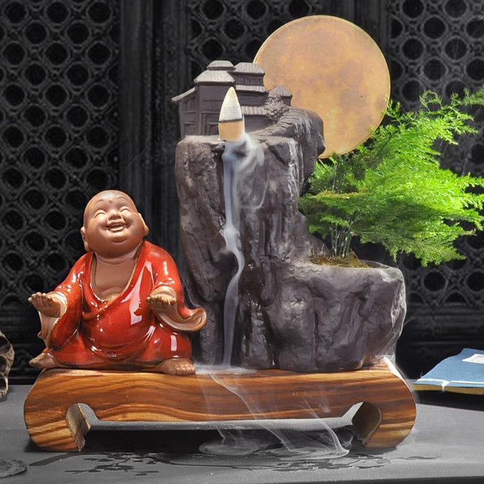 Ceramic Smoke Waterfall Incense Burner with LED Light and Pine Decor Accent