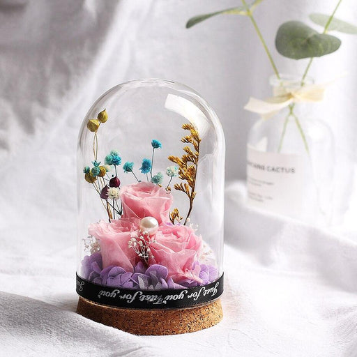 Preserved Rose Flower in Wooden Base with Glass Cover