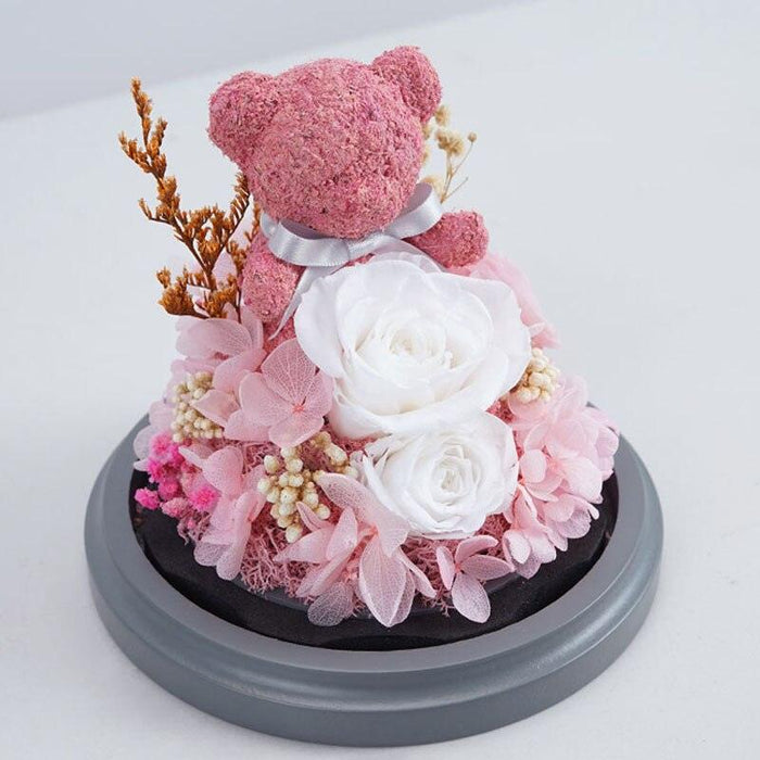 Eternal Pink Rose Bear: Enchanted Glass Dome Floral Arrangement