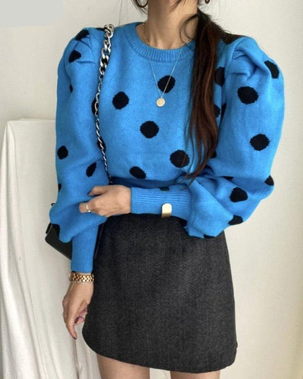 Chic Korean Sweater with Playful Polka Dot Puff Sleeves - Cozy Elegance Redefined