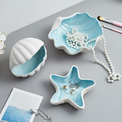 Ceramics Ring Holder Storage Plate Jewelry Display Conch Shells Ornaments Dish Organizer Necklace Earrings Storage Tray Plates-0-Très Elite-Shell-sea blue-Très Elite