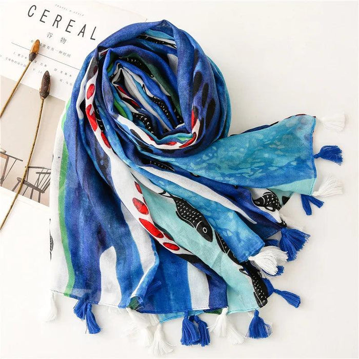 Blue Porcelain Print Cashmere Blend Shawl Wrap - Stylish Versatility for Every Event