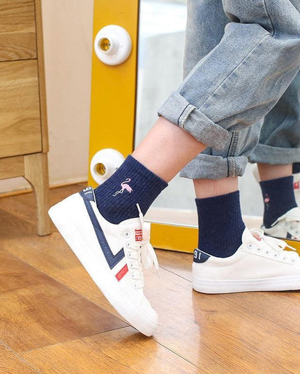 Kawaii Flamingo Delight: Adorable Japanese Embroidered Cotton Socks for Women