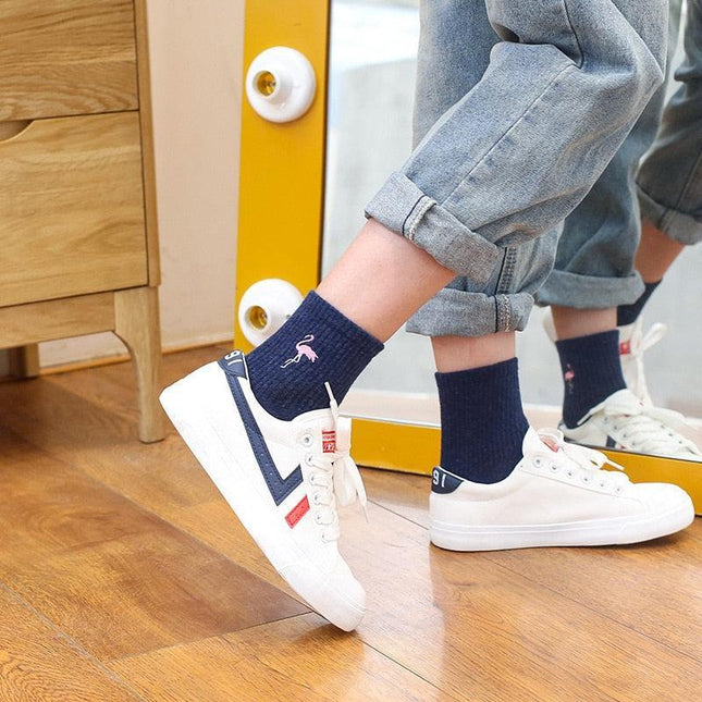 Kawaii Flamingo Delight: Adorable Japanese Embroidered Cotton Socks for Women