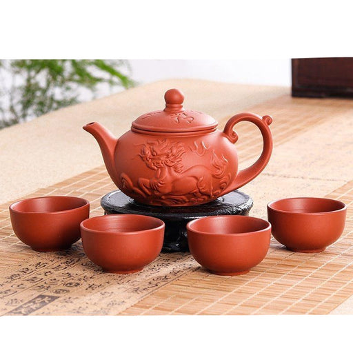 Authentic Yixing Dragon Teapot Sets 5pcs Ceramic Purple Clay Kung Fu Tea Set 1 Teapot + 4 Cups Handmade Zisha Teapot Set-0-Très Elite-Five-piece Set-Dull-Très Elite
