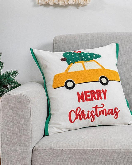 Festive Santa & Snowflake Embroidered Cotton Pillow Cover - Holiday Home Decor Accent