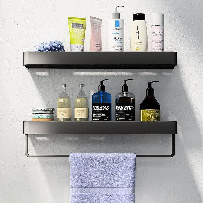 Sleek Black Aluminum Bathroom Shelf Set with Towel Bar and Space-Saving Design