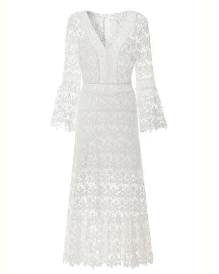 Chic Backless Midi Dress with Flare Sleeves | Women's Sophisticated V-Neck High Waist Fashion