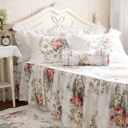 Charming Floral Satin Cotton Bedding Ensemble with Elegant Ruffles