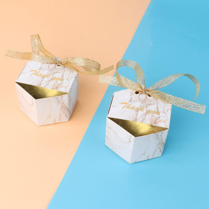 Hexagonal Marble Candy Favor Boxes with Elegant Gold Foil Accents for Sophisticated Celebrations
