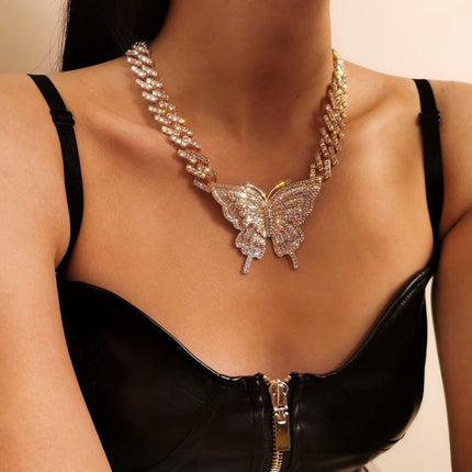 Glamorous Rhinestone Butterfly Necklace Set with Trendy Cuban Chain for Women