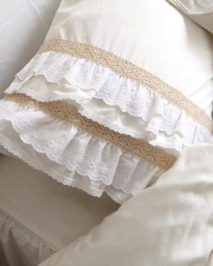 Elegant Lace-Trimmed Cotton Pillowcase Set in Sophisticated Beige/Off White