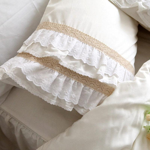 Set of 2pcs Luxury Elegant Big Lace Ruffle Pillow Sham/Pillowcase - European Style Embroidered, 100% Cotton, Beige/Off White Color