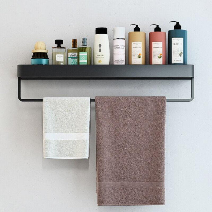 Modern Black Aluminum Bathroom Shelf Set with Space-Saving Design and Towel Bar