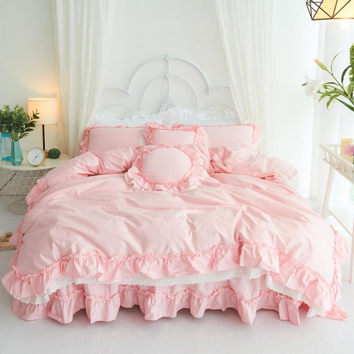 White Princess Wedding Bedding Bedspread Sets Luxury Solid Color Lace Ruffle Duvet Cover Bed Skirt Linen Pillowcases 100% Cotton-0-Très Elite-Pink-Bed Skirt Style-Full size 4pcs-Très Elite
