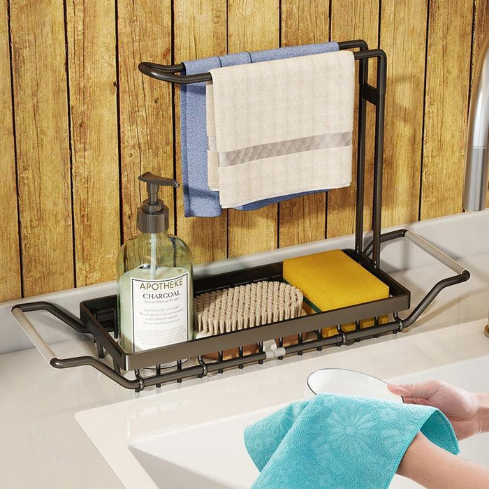 Adjustable Stainless Steel Sink Rack with Integrated Towel Holder - Perfect for Kitchen and Bathroom Organization