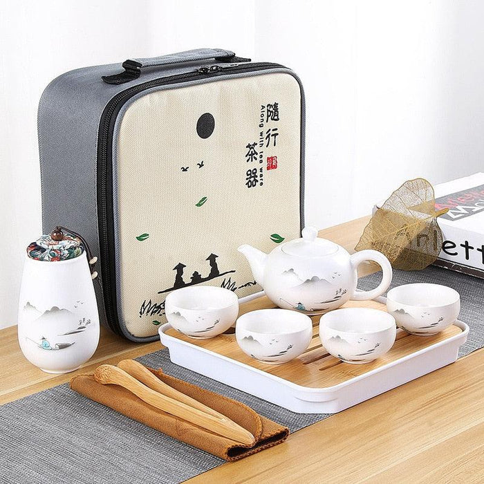 Elegant Ceramic Tea Set with Travel Tote: Handcrafted Excellence