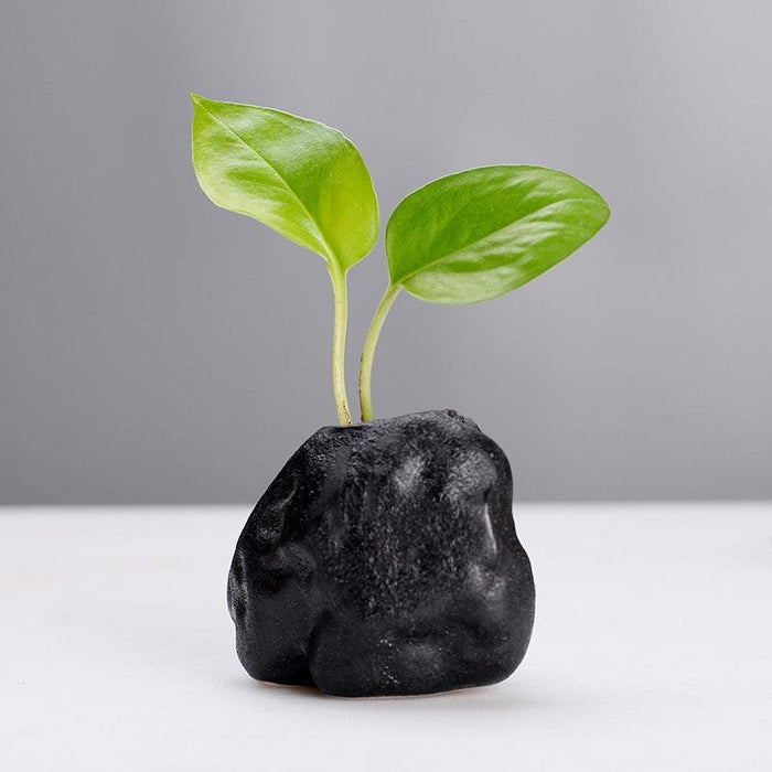 Zen-Inspired Small Black Stone Vase for Serene Home Ambiance