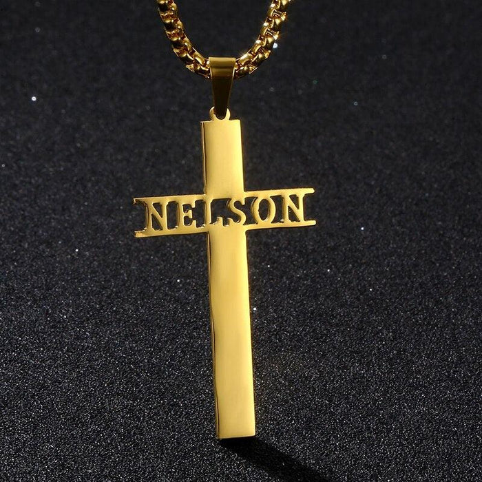 Custom Name Embossed Gold-Plated Stainless Steel Cross Necklace