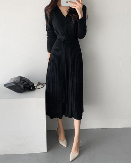 Elegant V-Neck Knit Sweater Dress with Belted Waist - Women's Winter Wardrobe Must-Have