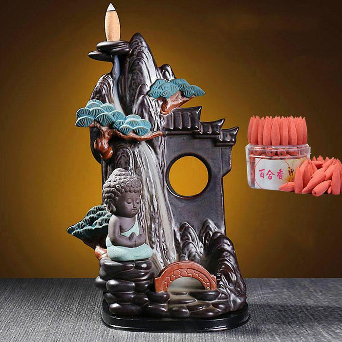 LED Ceramic Backflow Incense Burner with Smoke Waterfall, LED Light and Pine Ornament