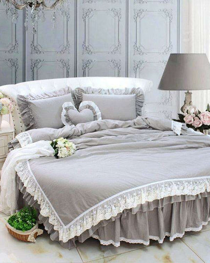 Luxury Grey Lace Ruffle Pillow Sham and Duvet Cover Set with 4-Piece Ensemble