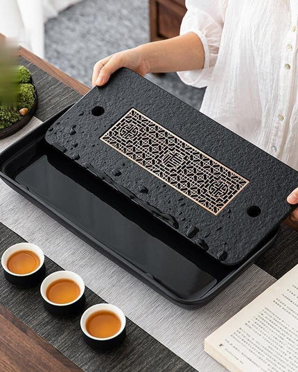 Sophisticated Handcrafted Chinese Stone Tea Tray Set with Efficient Water Drainage System - Essential for Tea Ceremonies