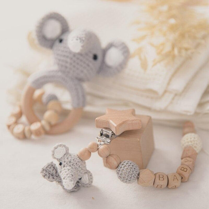 Wooden Baby Teether Rattles Set - Educational Stroller Toy Kit