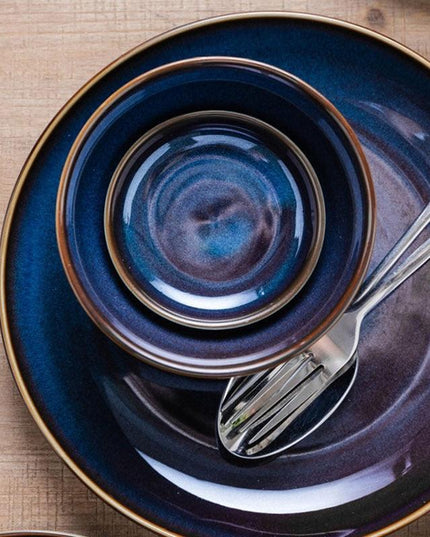Sophisticated Blue Glazed Ceramic Dining Collection with Complementary Salad and Soup Bowls