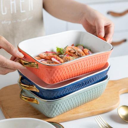 Colorful Ceramic Bakeware Set with Ergonomic Handles in Blue and Orange