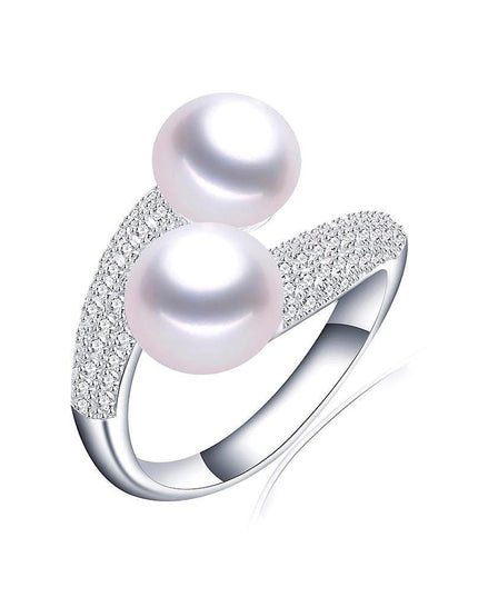 Double Pearl and Zircon Sterling Silver Ring - A Touch of Sophistication